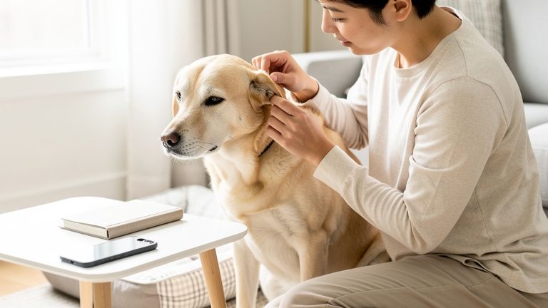 犬の皮膚や耳の変化を日常の触れ合いで確認するイメージ