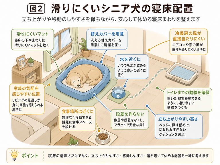 滑りにくいシニア犬の寝床配置図